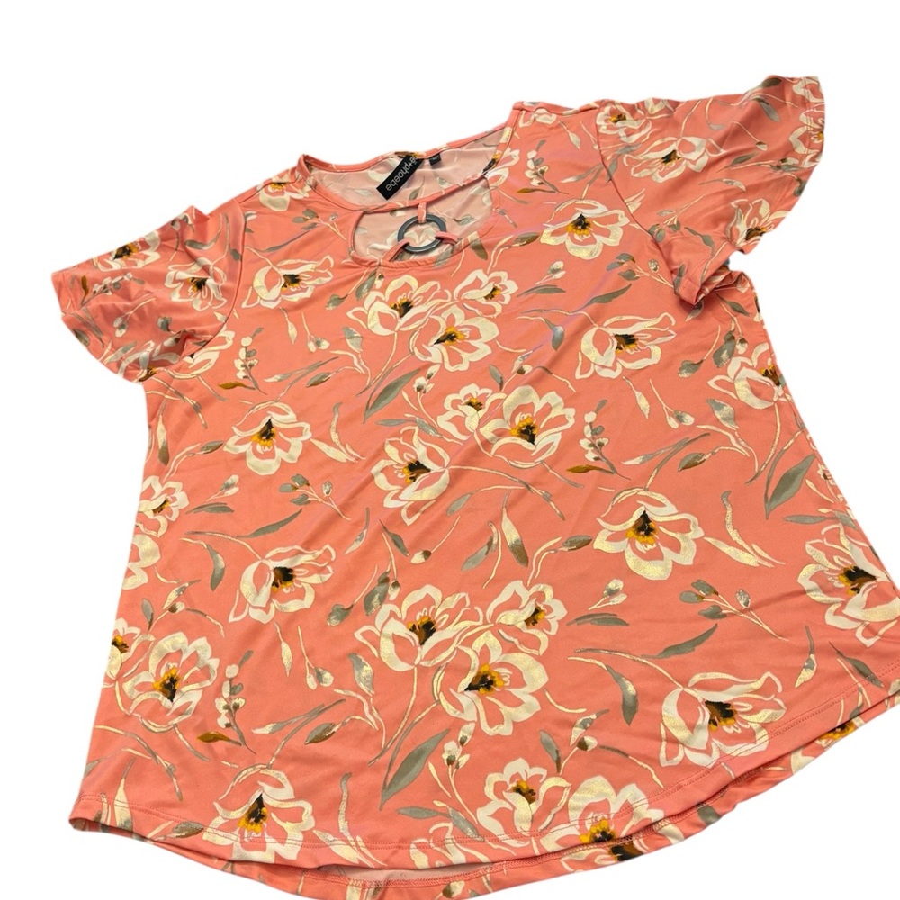 Zoe + Phoebe Gold Floral Print Top Short Sleeve Womens Size Medium Silver‎ Decor